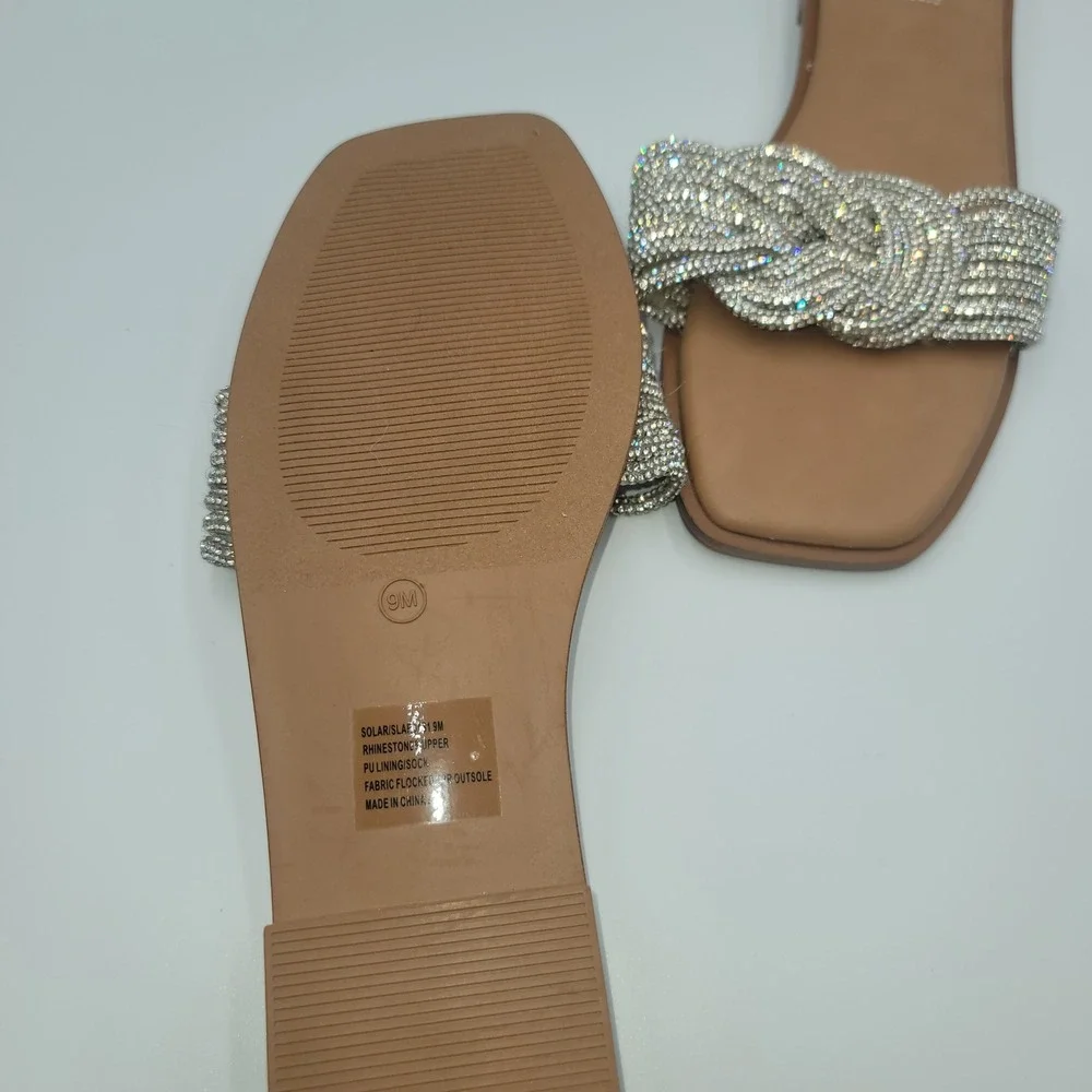 Steve Madden Solar Rhinestone Braided Slide Sandals Tan Silver Womens 9M Flat